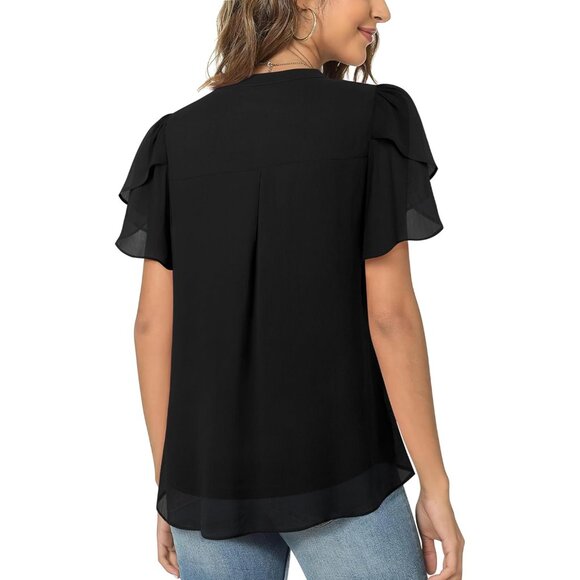 Women Chiffon Blouses Summer V Neck Petal Puff Sleeve Work Casual Top - Picture 4 of 5